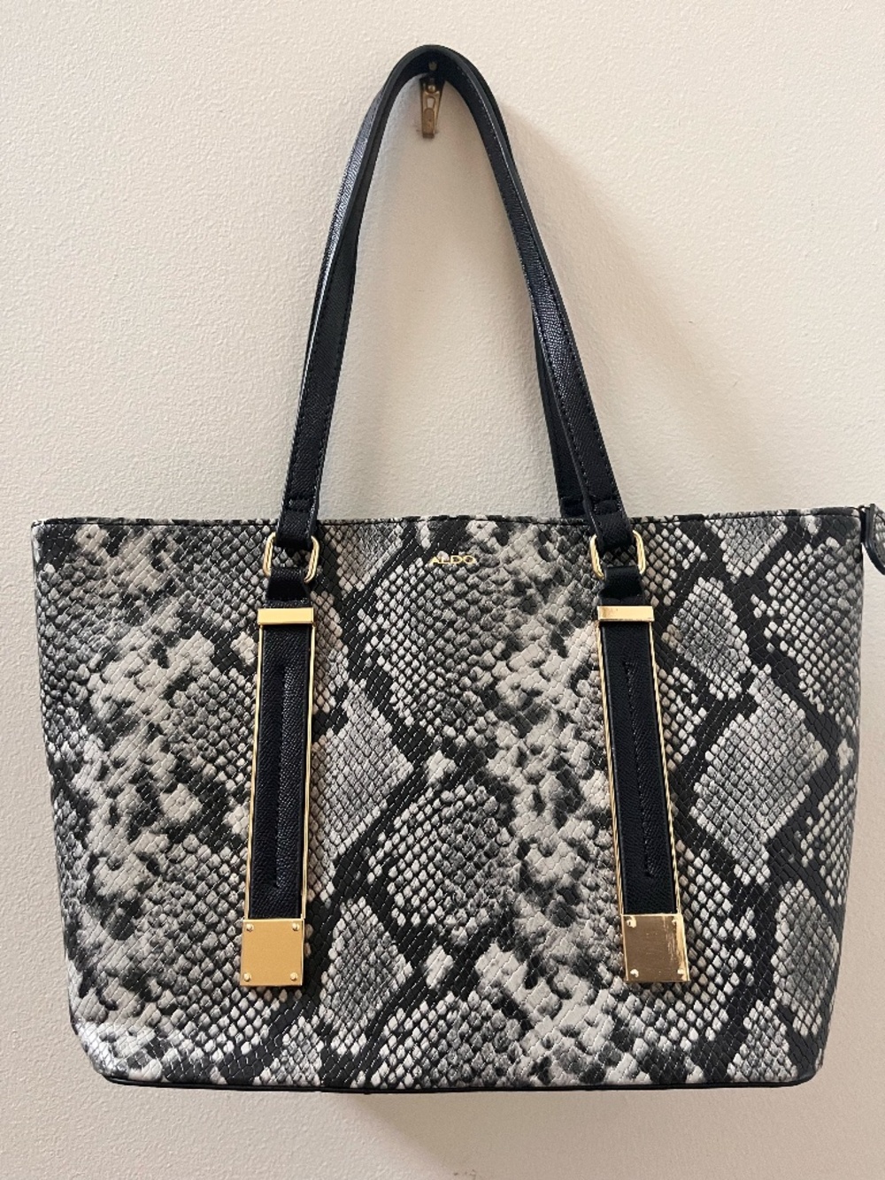 ALDO Black Gray Snakeskin Print Tote Bag Gold Hardware Large Shoulder Bag